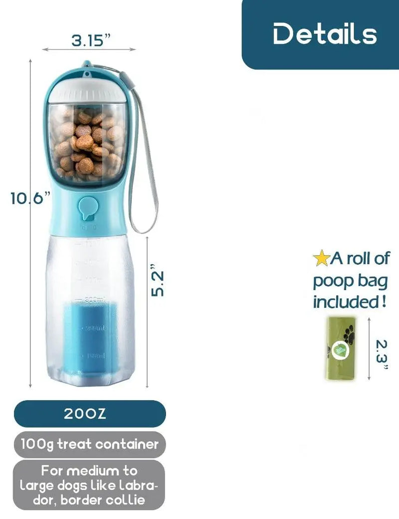 Portable Water Bottle for Dogs, 3 in 1 Pet Travel Bowl Dispenser with Food Treat Container & Poop Bag Holder, Summer Outdoor Walking Hiking Accessories for Large Dog on the Go - Blue, 20Oz