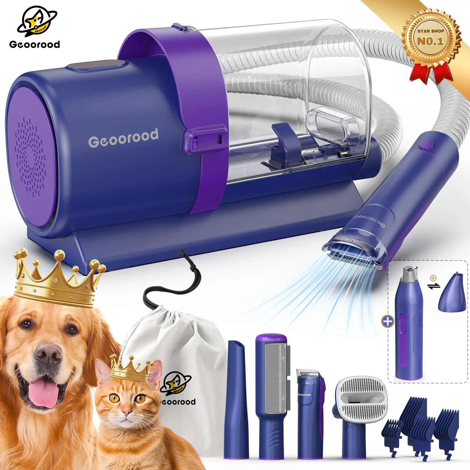 【Geoorood】 Geoorood Dog Grooming All-In-One Kit with Vacuum Brush 2.5L Large Pog, Stainless Steel Blades Lightweight Design 13Kpa Suction Force Portable Cleaning Set #Summervibes #Petlovers